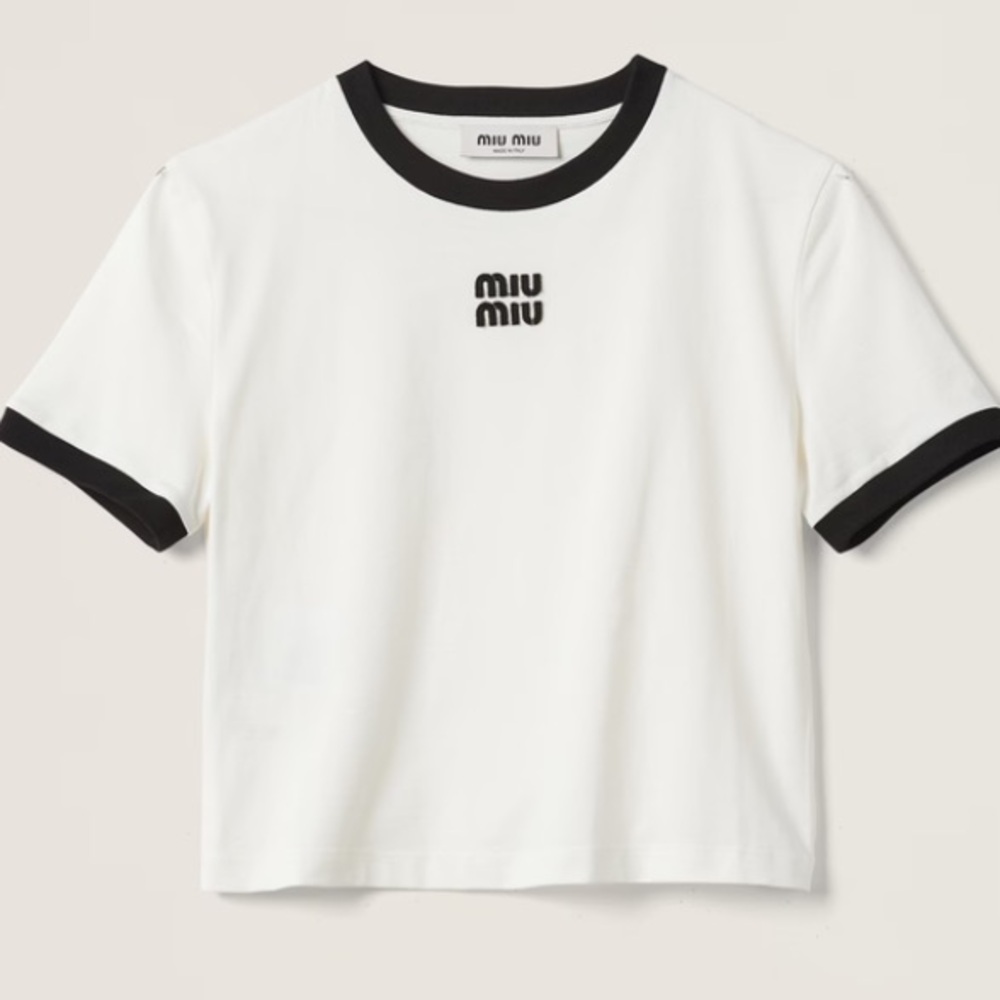 Miu Miu White Short Sleeve Ringer Tee with Black Trim
